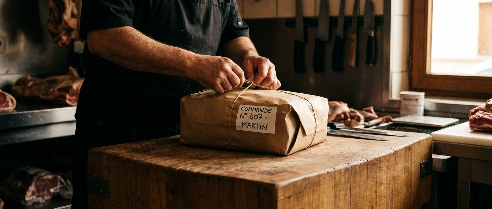 Un paquet kraft étiqueté « commande », ficelé sur le billot de l'atelier