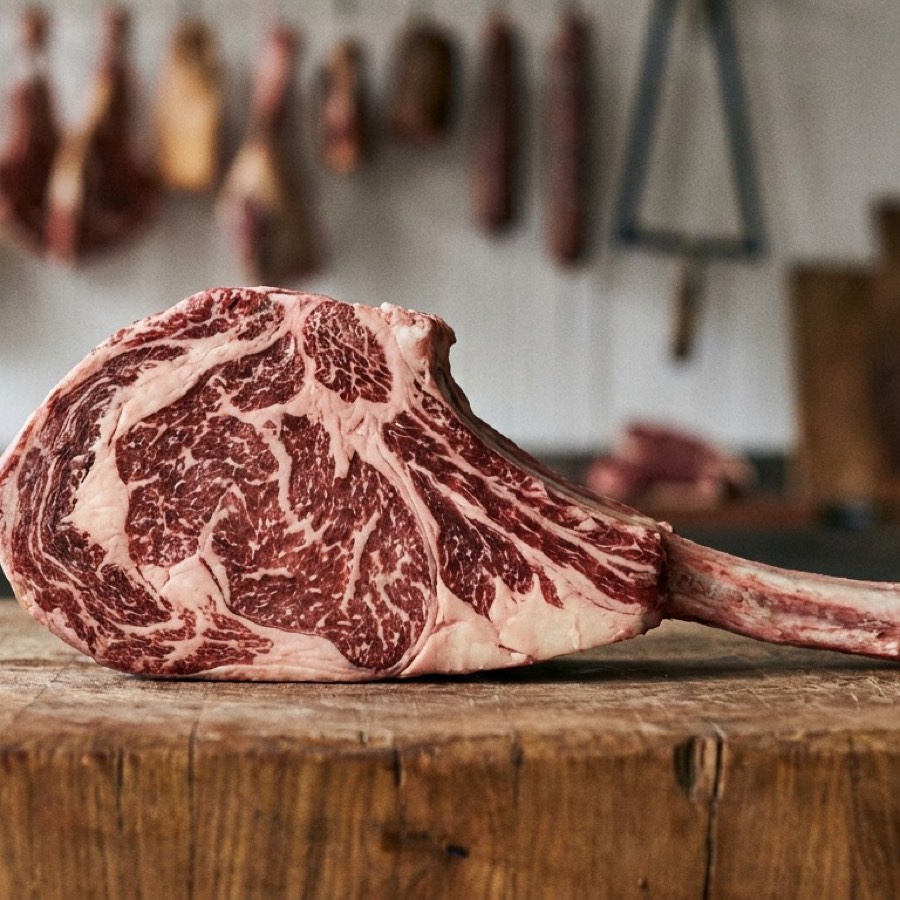 Photo de côte de bœuf générée par l'IA de RushPilot : pièce crue sur planche en bois, dans une boucherie
