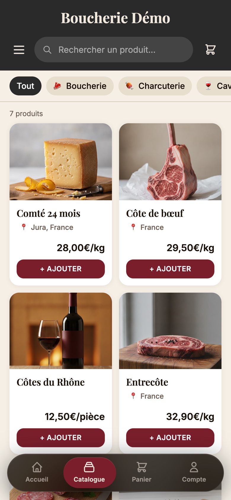 Le catalogue d'une boucherie sur son click & collect RushPilot, sur téléphone