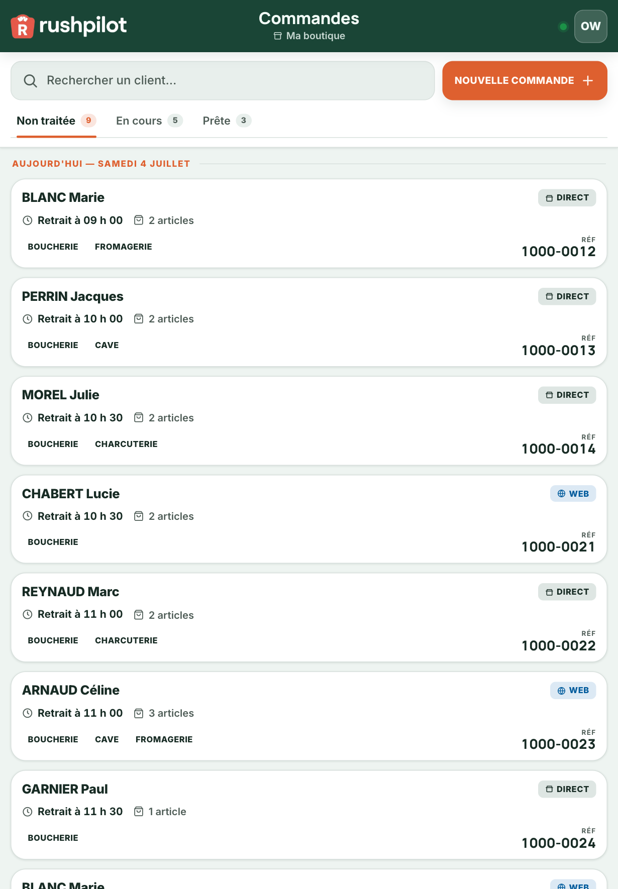 Le comptoir RushPilot sur tablette : les commandes du jour, par créneau de retrait